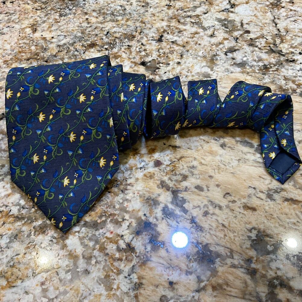 Men's Tie Fabris Venezia 100% Seta Silk Floral Luxury Gold /Blue Made In Italy